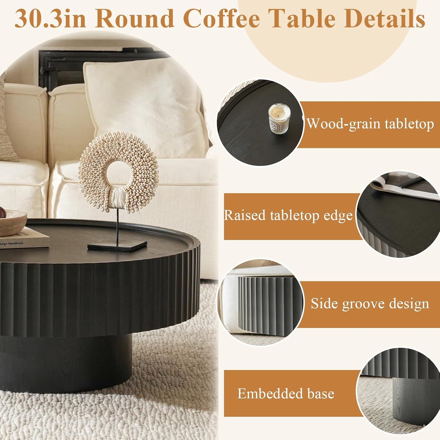 Round Coffee Table, 30.3in Modern Living Room Table, Fluted Drum Circle Tea Table with Storage, Accent Center Tables for Living Room, Apartment, Small Space (Black)