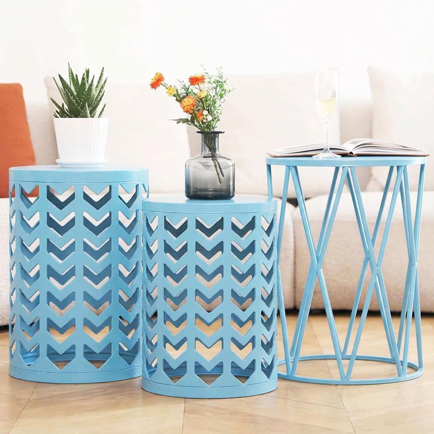 Nesting Side Table Set of 3 Decorative Round Garden Stools for Indoor Outdoor Heavy Duty Metal Frame Side Table Nightstands Modern End Table Plant Stand, Light Blue