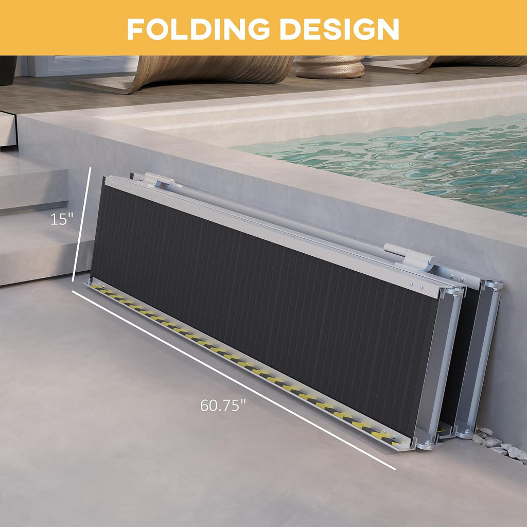 HOMCOM Wheelchair Ramp, 10FT Foldable Threshold Ramp, Aluminum Handicap Ramp with Non-Slip Surface, Transition Plates Above and Below for Home, Doorways, Steps, 600lbs Capacity