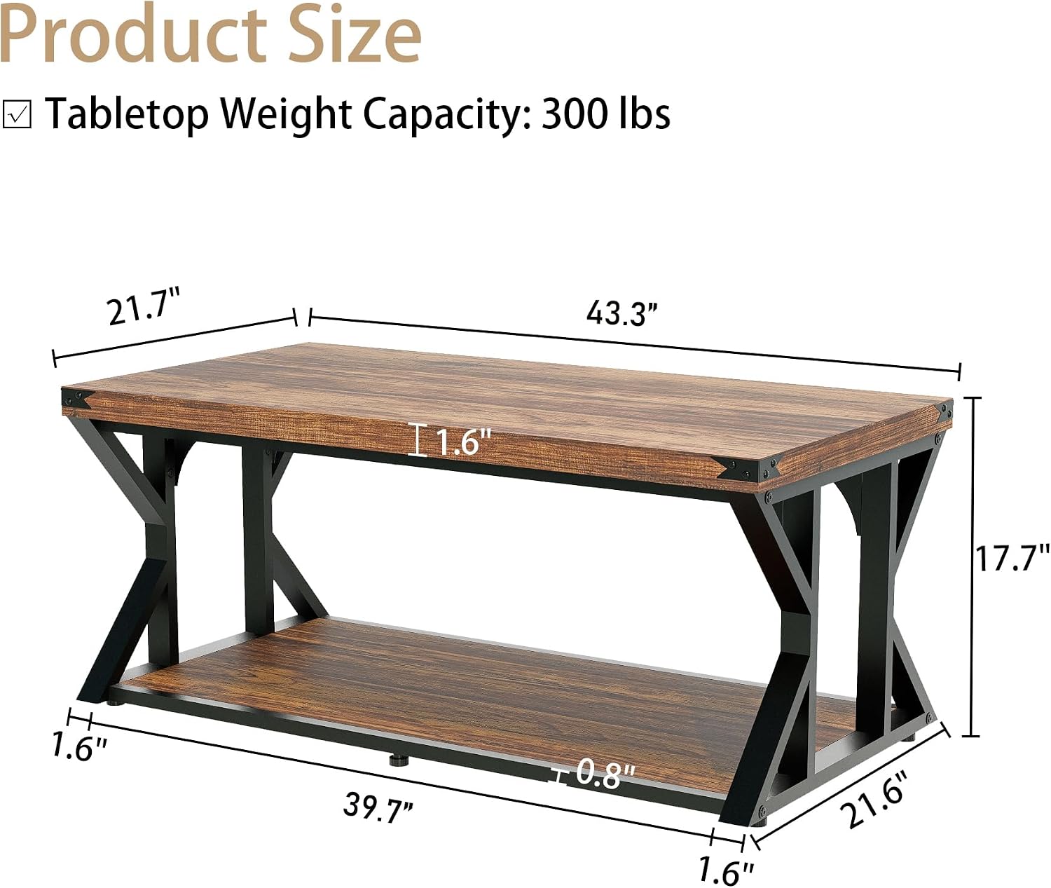 43 Inch Industrial Coffee Table, 2-Tier Rectangle Center Table with Storage Shelf, Wood and Metal Cocktail Table for Living Room, Rustic Brown