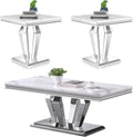 3 Pieces Coffee Table Set, Faux Marble Living Room Table Set of 3, Modern Coffee Table and 2 End Tables with Diamond-Shaped Stainless Steel Base for Living Room (White Silver)