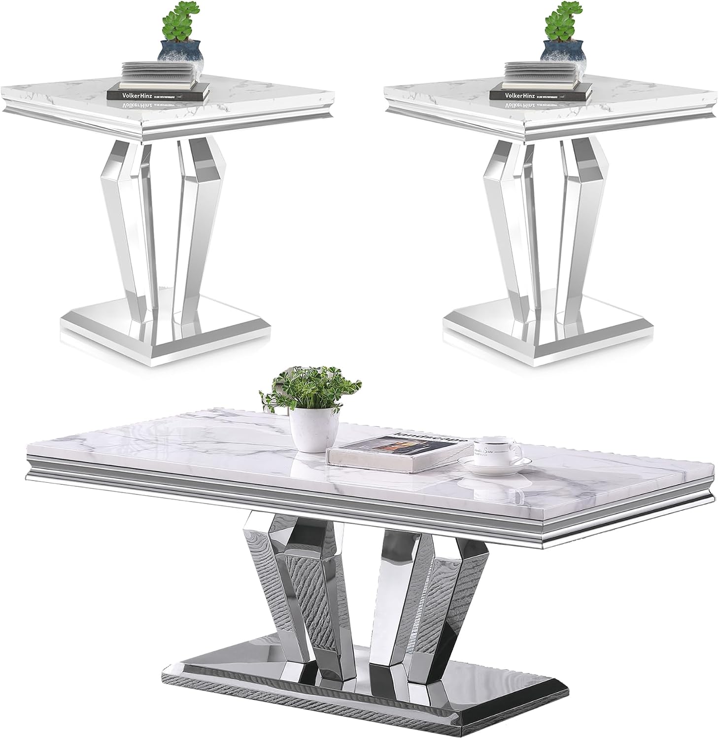 3 Pieces Coffee Table Set, Faux Marble Living Room Table Set of 3, Modern Coffee Table and 2 End Tables with Diamond-Shaped Stainless Steel Base for Living Room (White Silver)