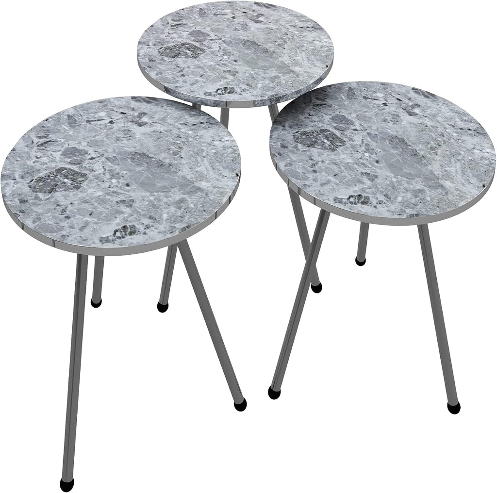 Set of 3 Nesting END Tables - Round Stacking Coffee Side Tables for Small Spaces, Nightstand Bedside Table for Living Room, Bedroom, Living Room, Balcony, NO-Tools Assembly (Gray Marble/Silver)