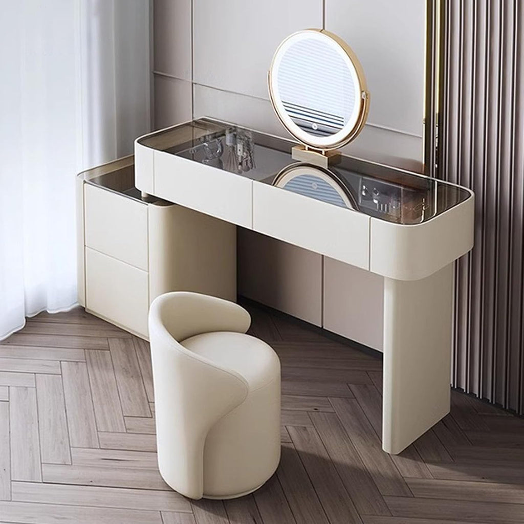 Makeup Vanity Set with Lighted Mirror, Dressing Table with Tempered Glass Tabletop and 4 Drawer, Vanity Desk with Nightstand, Cushioned Stool, 3 Color Lighting Modes,Grey 47.2'/120cm