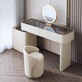 Makeup Vanity Set with Lighted Mirror, Dressing Table with Tempered Glass Tabletop and 4 Drawer, Vanity Desk with Nightstand, Cushioned Stool, 3 Color Lighting Modes,Grey 47.2'/120cm