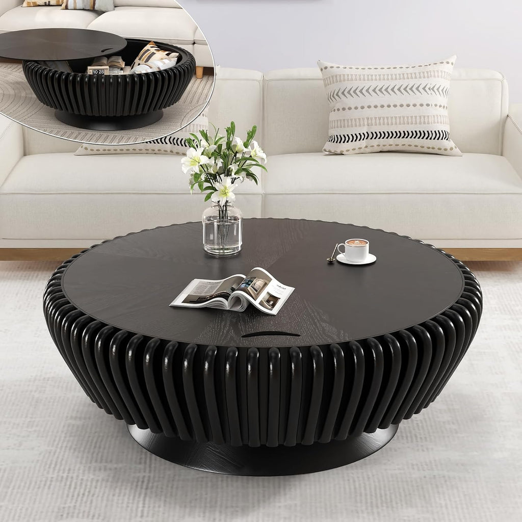 Round Fluted Coffee Table with Storage, 35.4' Wooden Drum Coffee Table, Modern Circle Center Accent Furniture, Tea Table for Living Room Apartment Small Space (Black, 35.4' with Storage)