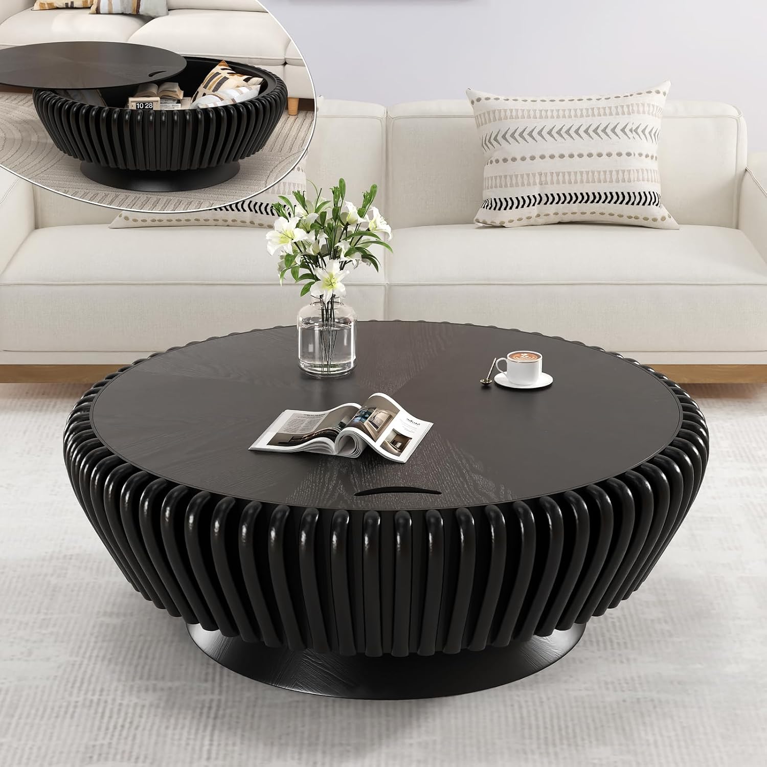 Round Fluted Coffee Table with Storage, 35.4' Wooden Drum Coffee Table, Modern Circle Center Accent Furniture, Tea Table for Living Room Apartment Small Space (Black, 35.4' with Storage)