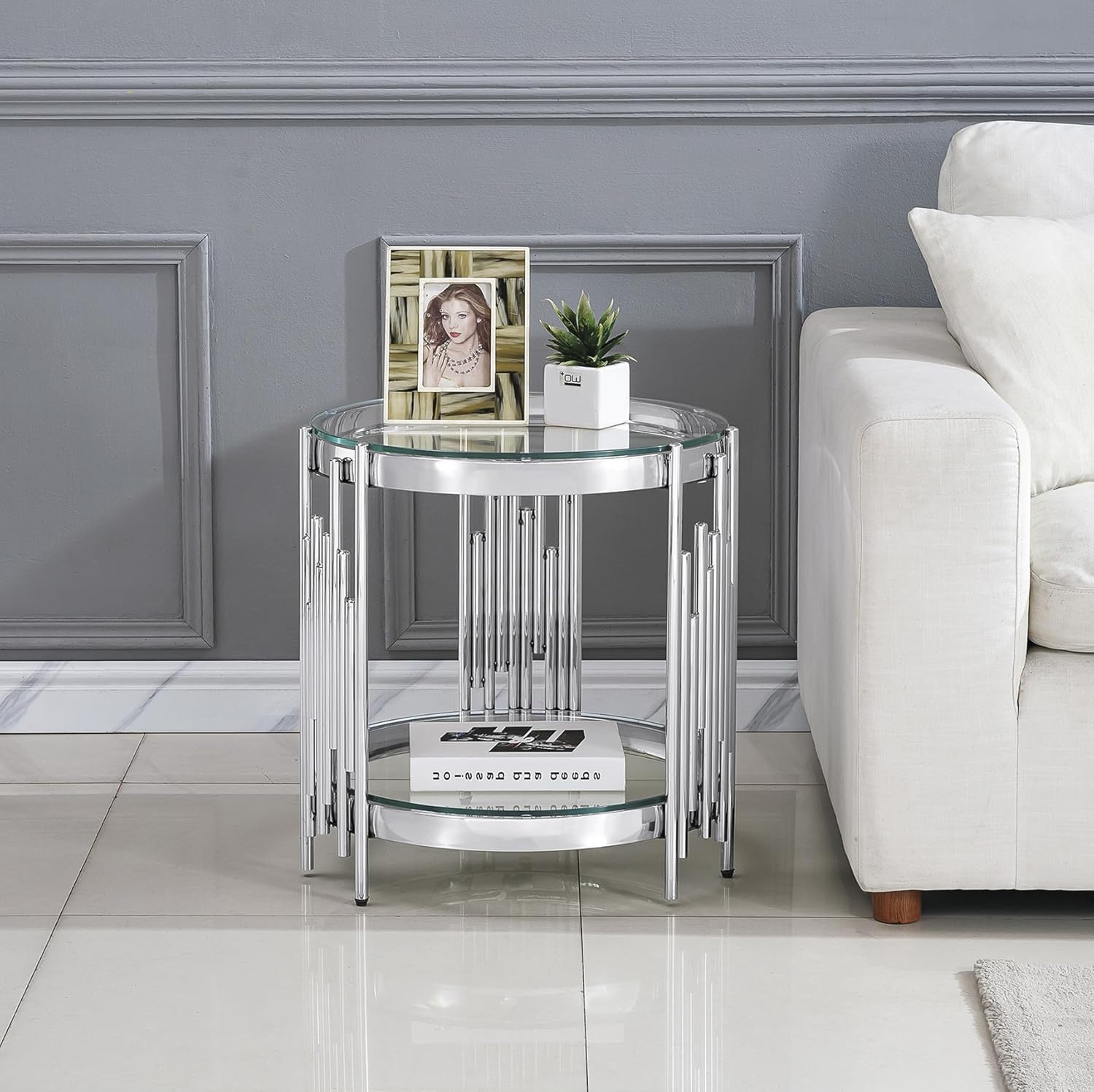 Luxury Glass Round Coffee Table Set of 3, Glass Circle Coffee Table and 2 Clear Glass End Table with Silver Stainless Steel Base, 3 Piece Living Room Coffee Table Set for Apartment Bedroom