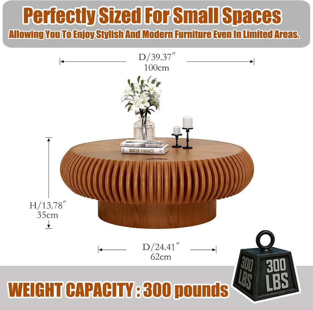 39.37'' Round Drum Coffee Table with Hidden Storage, Modern Fluted Coffee Tables with Solid Wood Veneer, Wooden Circle Center Table for Living Room, Small Spaces, and Apartments, Easy Assembly