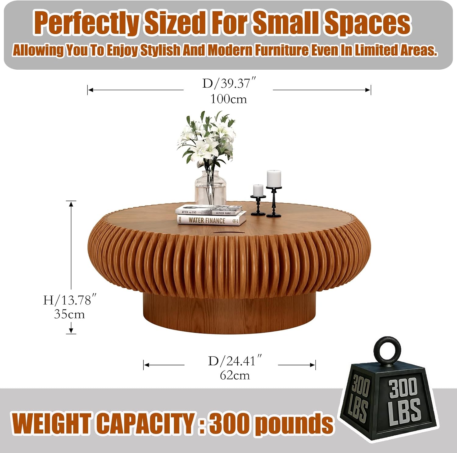 39.37'' Round Drum Coffee Table with Hidden Storage, Modern Fluted Coffee Tables with Solid Wood Veneer, Wooden Circle Center Table for Living Room, Small Spaces, and Apartments, Easy Assembly