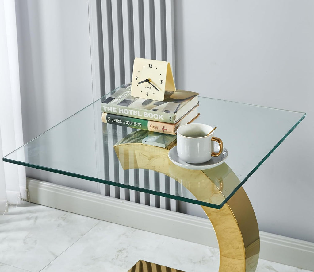 SSLine 1 Piece Living Room End Table Luxury Glass Side Table, Modern Gold End Table with C-Shape Stainless Steel Pedestal Base for Living Room Bedroom Office (1 End Table)