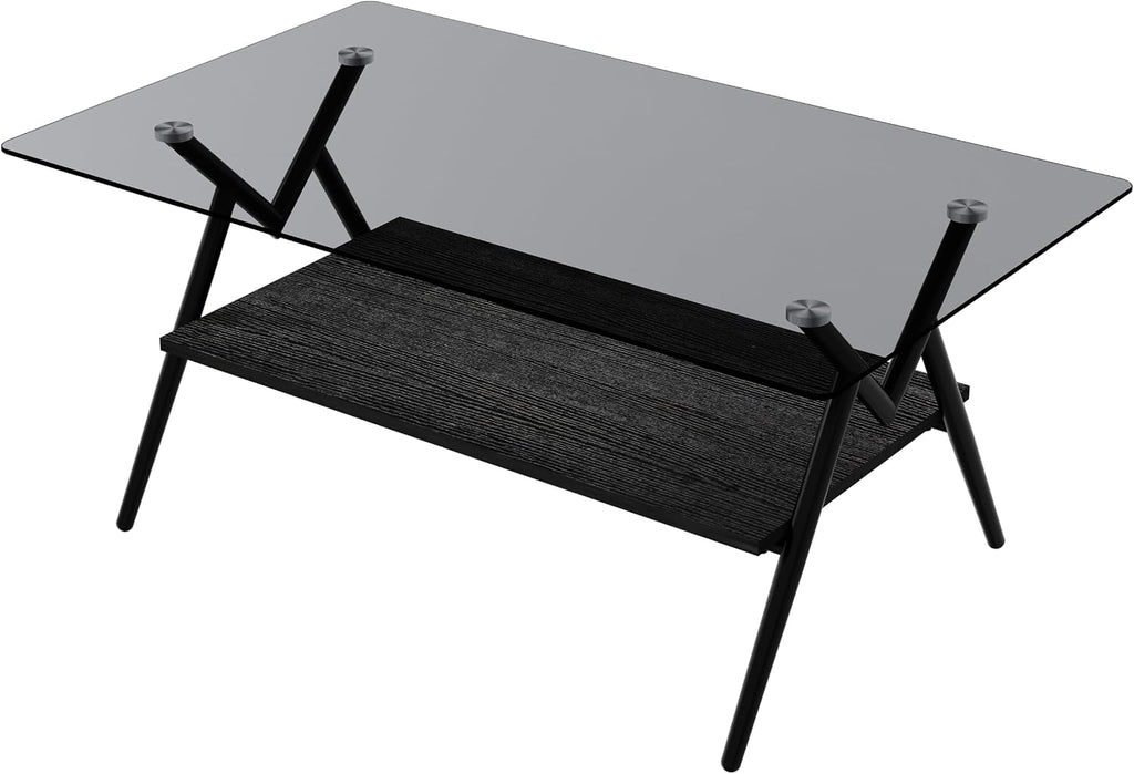 Grey Glass Coffee Table Sets of 3 Modern Living Room Table Set End Tables with Black Metal Legs and Wood Bottom Shelf, Center Cocktail Furniture (Grey Black)