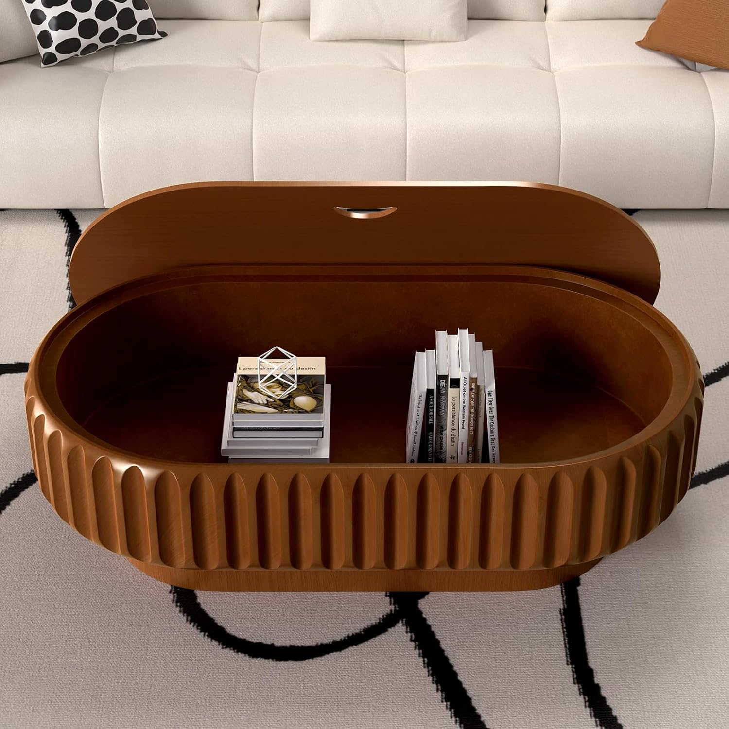 43.3' Oval Drum Coffee Table with Hidden Storage, Modern Fluted Coffee Tables with Solid Wood Veneer, Wooden Center Table for Living Room, Bedroom, Apartment, Easy Assembly
