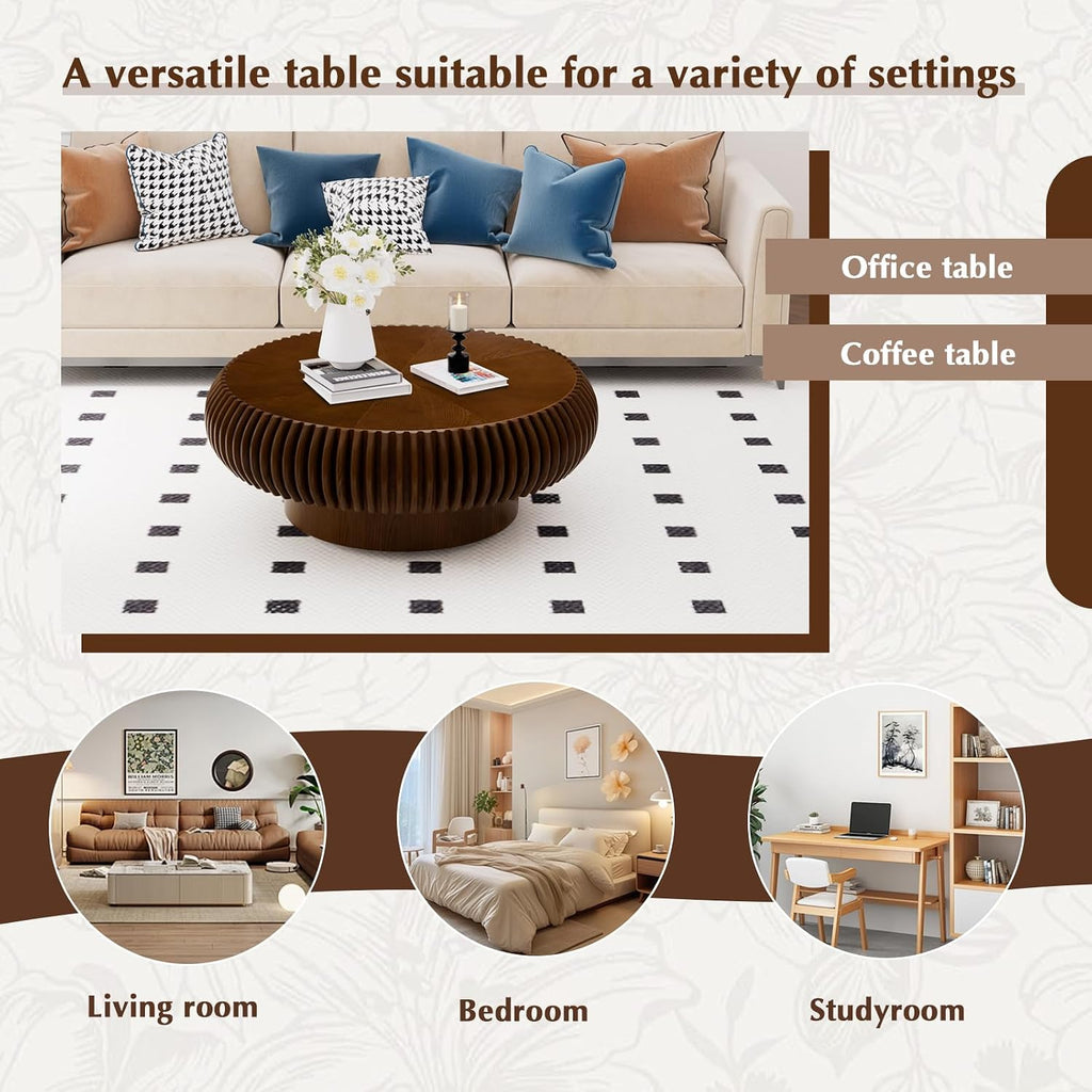 Round Drum Coffee Table Modern Coffee Tables Fluted Coffee Table Circle Center Table Pedestal End Table for Living Room Bedroom(31.5in Walnut)
