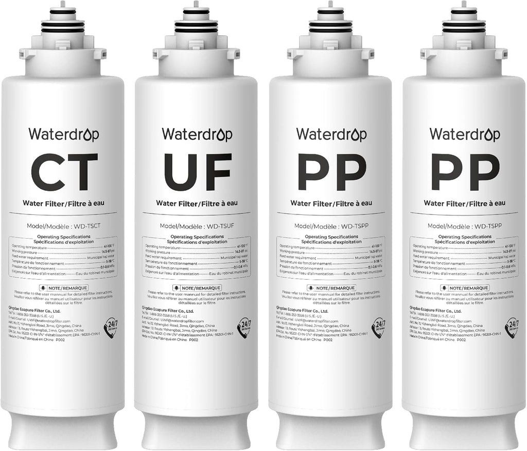 Waterdrop TSU Under Sink Water Filter Replacement, 1-Year Replacement Pack, 4-Pack (2 x TSPP, 1 x TSUF, 1 x TSCT), for Waterdrop TSU & TSU-WB Ultra-Filtration Under Sink Water Filtration System