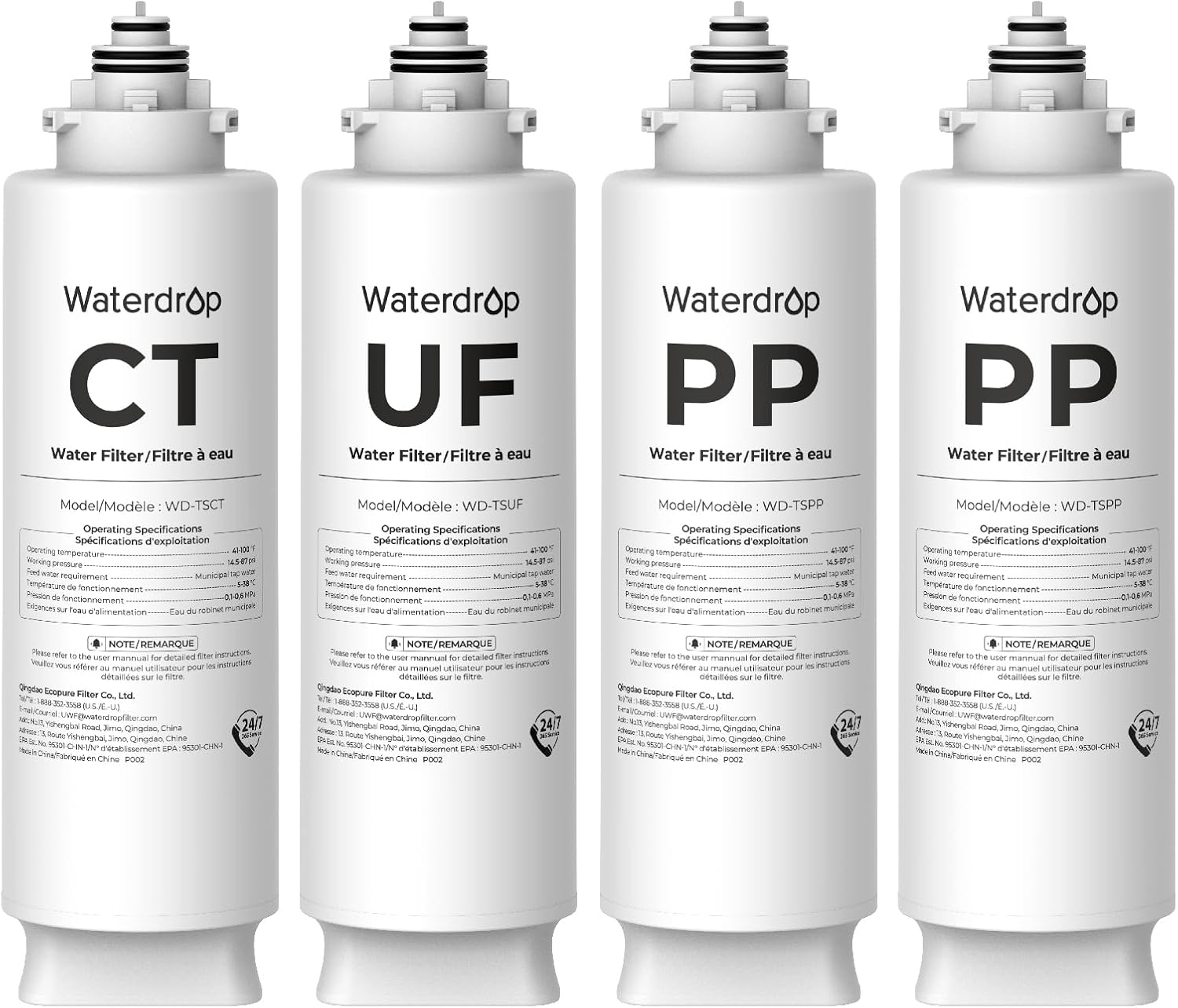 Waterdrop TSU Under Sink Water Filter Replacement, 1-Year Replacement Pack, 4-Pack (2 x TSPP, 1 x TSUF, 1 x TSCT), for Waterdrop TSU & TSU-WB Ultra-Filtration Under Sink Water Filtration System
