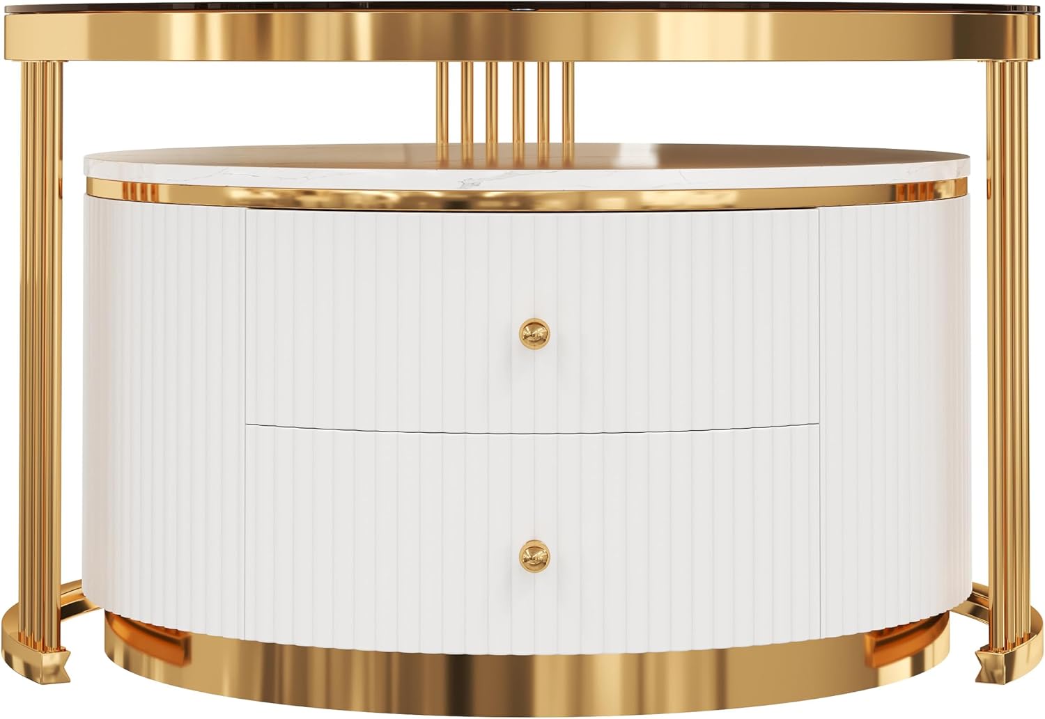 Modern 2 Pieces Round Nesting Coffee Table with Drawers and Brown Tempered Glass Top（27.6'+23.6'