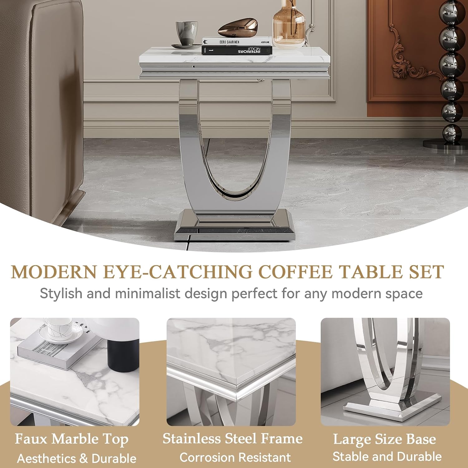 Modern Marble End Table,22' Suqare Side Table with Silver U-Shape Stainless Steel Base,Luxury White Faux Marble End Table Nightstand Pedestal Stand Lamp Table for Hallway, Living Room, Bedroom