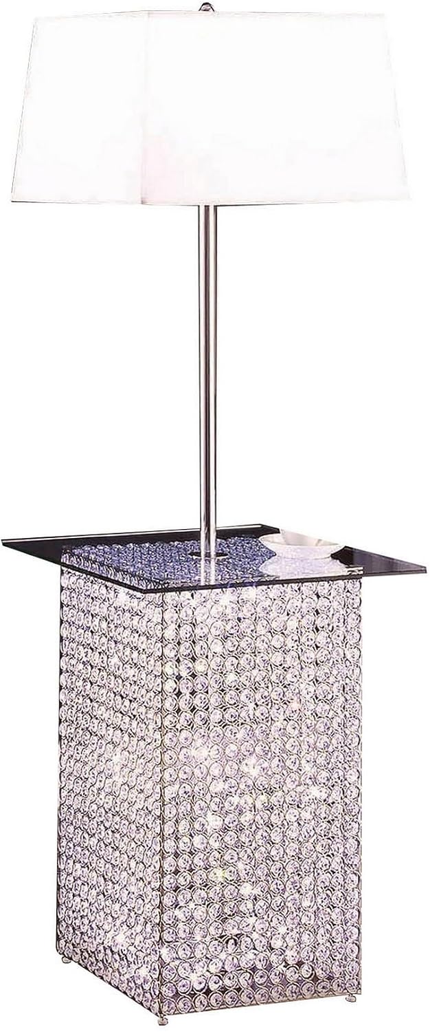 Benjara 59 Inch Floor Lamp with Glass Tabletop, Crystal Stand, Metal, White, Chrome and Clear