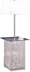 Benjara 59 Inch Floor Lamp with Glass Tabletop, Crystal Stand, Metal, White, Chrome and Clear