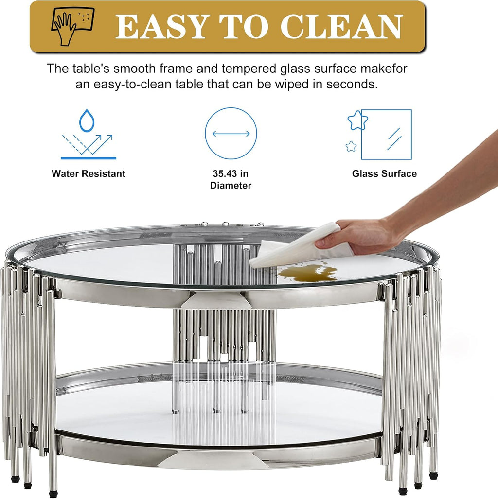 Round Glass Coffee Table Set of 3, Silver and Clear Modern Living Room Table Set, Includes 1 Coffee Table & 2 End Tables, Stainless Steel Base Tempered Glass Top, Luxury Furniture for Home Office