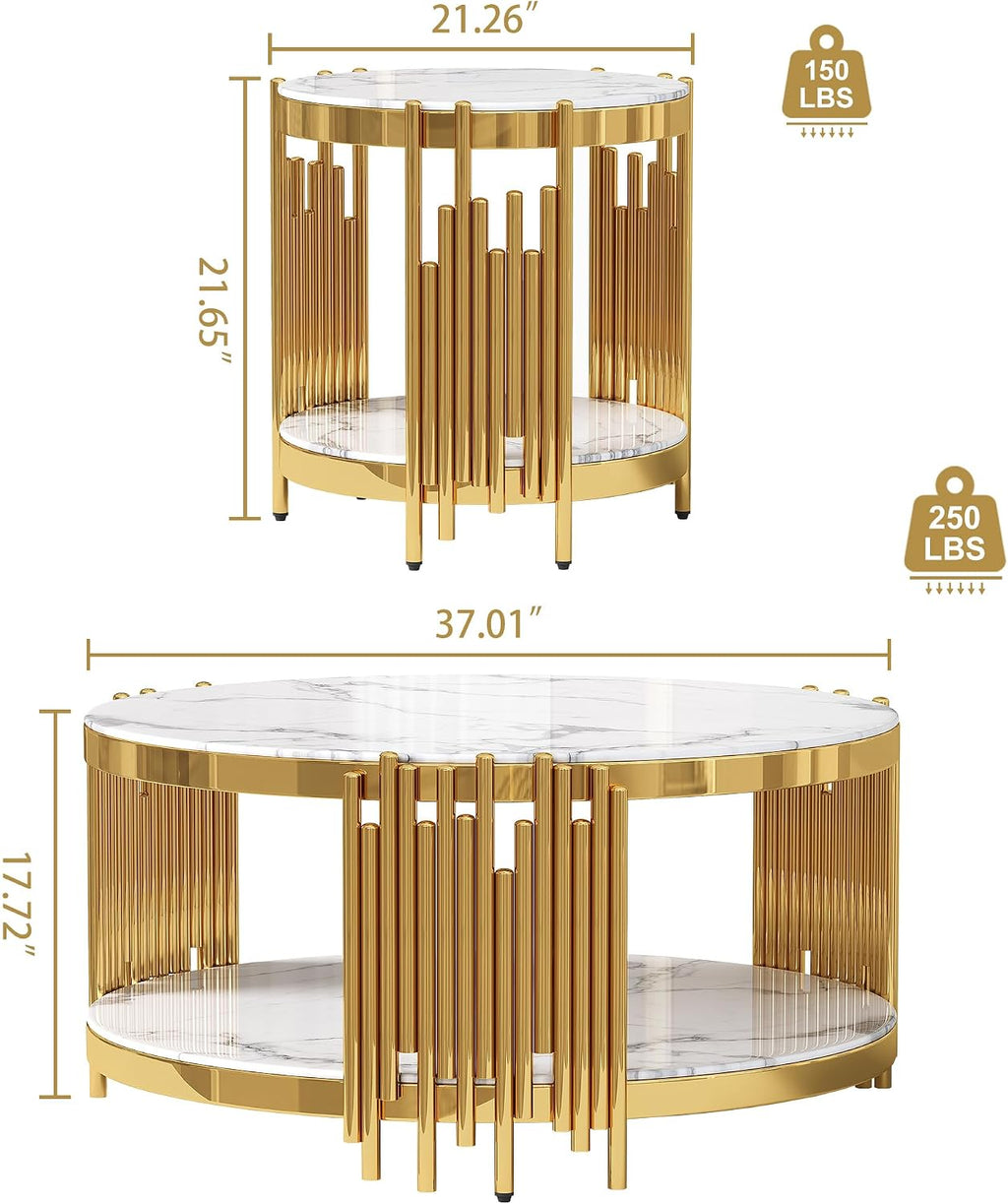 3-Piece Coffee & 2 End Table Set, 2-Tier Round White Faux Marble Tables with Gold Stainless Steel Frame, Modern Living Room Table Set for Bedroom or Office