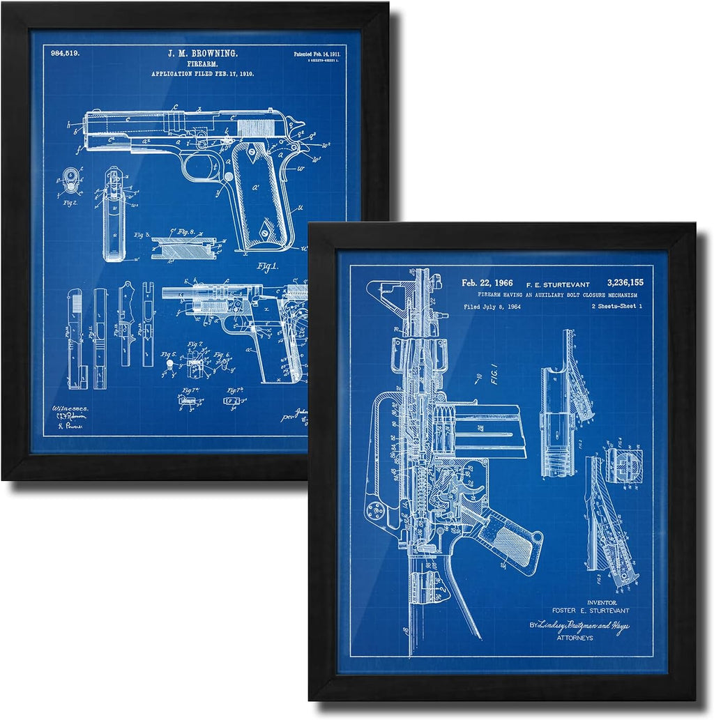 Personal-Prints Firearm Patent Art | Vintage Wall Art, Office, Bedroom Decor | 2nd Amendment & Choice of Unique Gun Art Gifts | USA Made (2 Piece Set, Blueprint, 13'x16' Framed Paper Print)