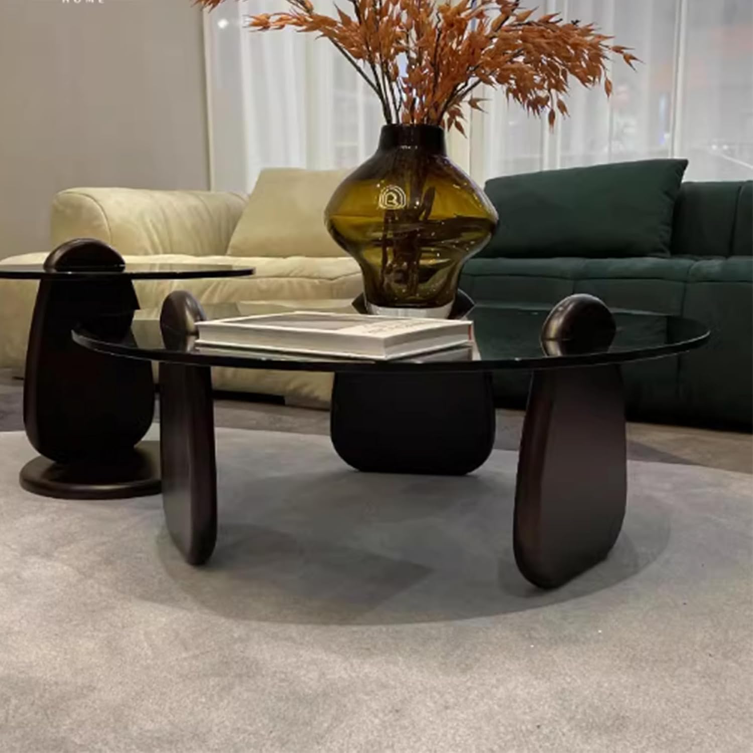 EASYSOUL Modern Round Coffee Table with Glass Top, 27.56' D x 27.56' W x 14.69' H, Circular Tea Tables for Living Room Home Office Industrial Cocktail Tables (Black-Grey Glass/27.56')