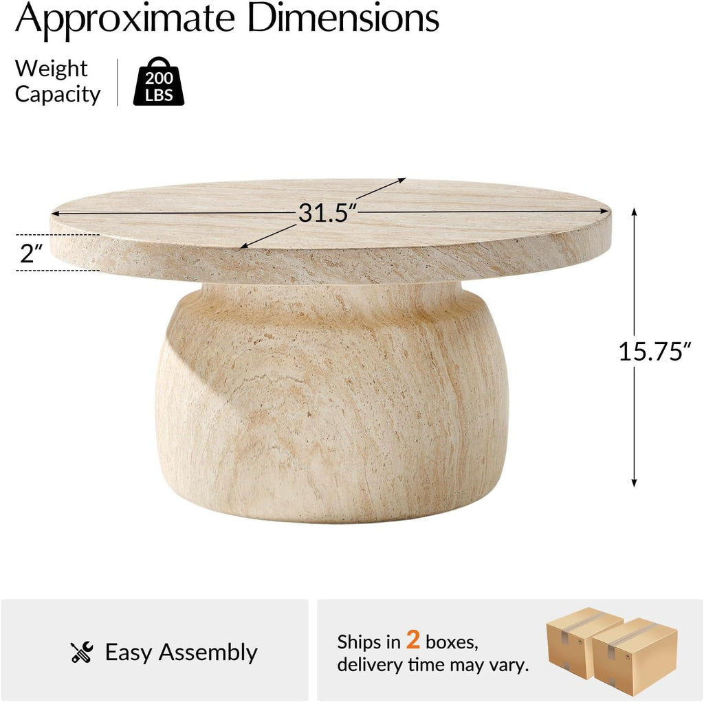 HULALA HOME Modern Marble Coffee Table, 31.5 Inch Round Coffee Table with Marble Concrete Base, for Living Room, with Tabletop, Easy Assembly, Natural