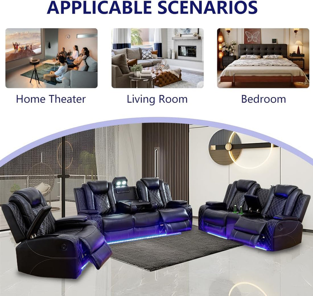 Black Power Recliner Sofa Couch with LED Light, 3-Seat Air Leather Reclining Couch, Luxury Recliner Furniture for Living Room with Coffee Table/Read Light/Home Theater Seat (3 Seater)