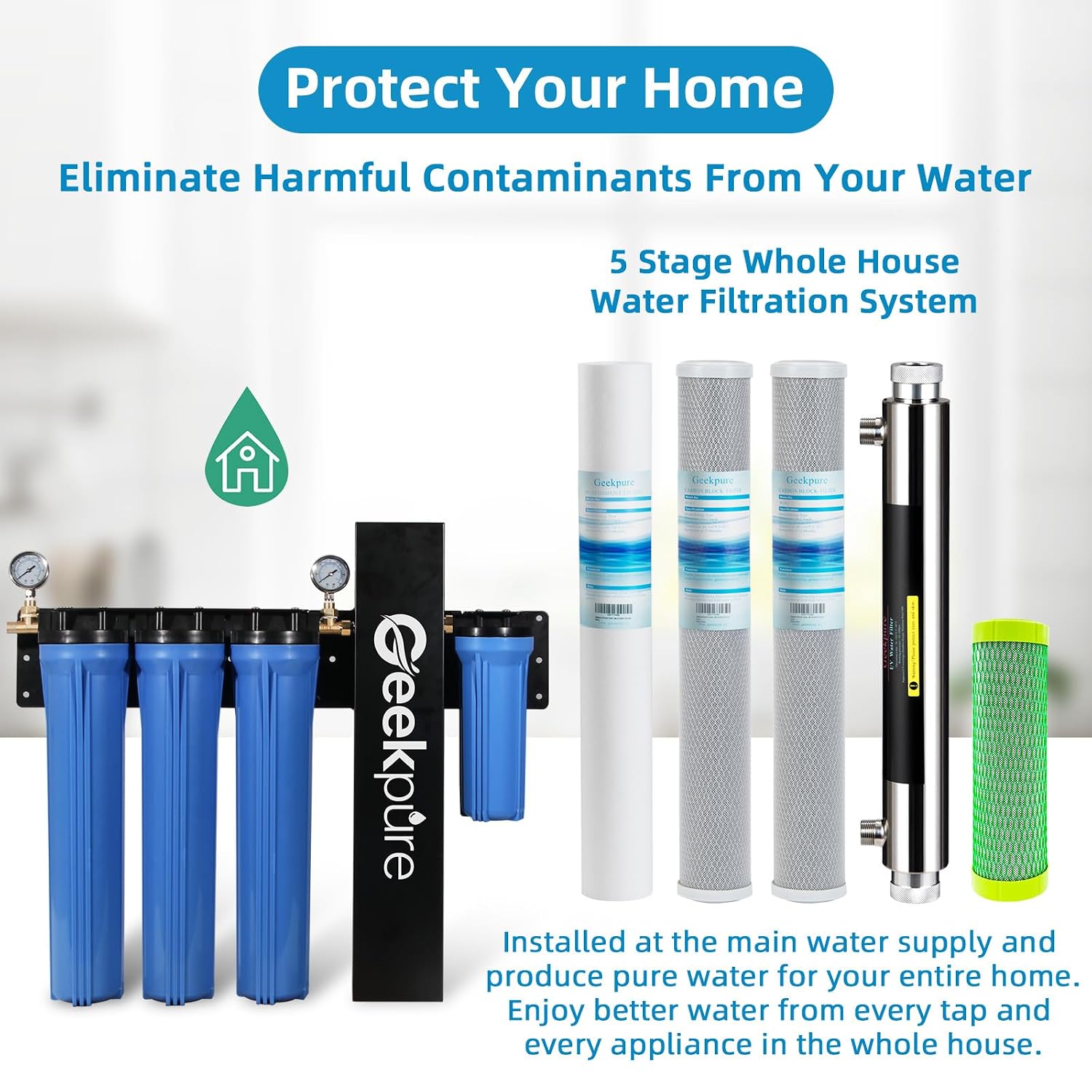 Geekpure 5 Stage Whole House Water Filter System with 2.5 x 20 5 Micron PP Sediment + Carbon Filters and 6 GPM UV