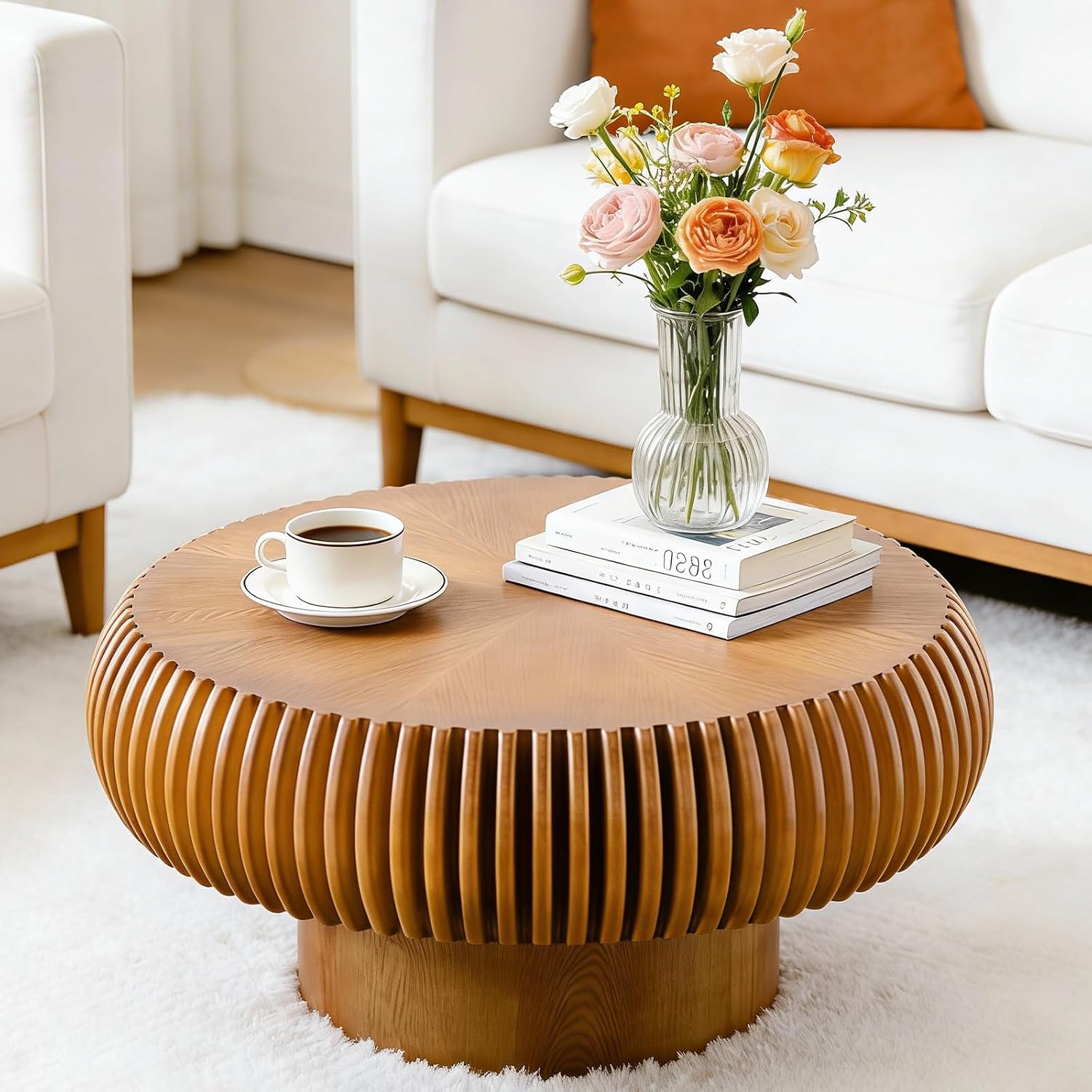 Round Coffee Table for Living Room Modern Brown Fluted Coffee Table Round Drum Coffee Tables Low Circle Pedestal Center Table for Small Spaces (A Brown, 31.4 in)