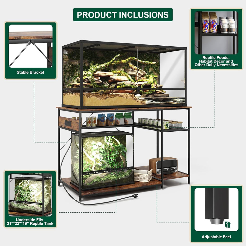 Reptile Tank Stand with Power Outlets，48' X 24' Tabletop Fits up to 120 Gallon Bearded Dragon Enclosure Stand，Double Snake Terrarium Table with Light