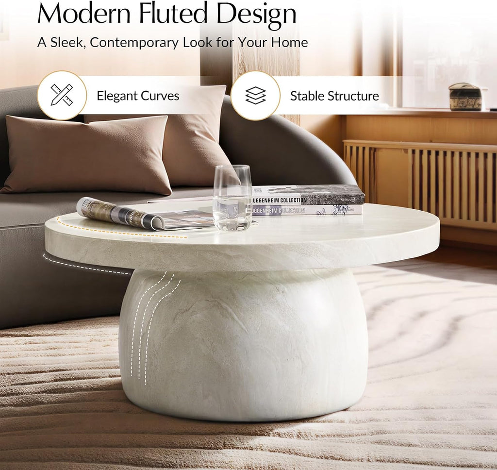 HULALA HOME Modern Marble Coffee Table, 31.5 Inch Round Coffee Table with Marble Concrete Base, for Living Room, with Tabletop, Easy Assembly, Beige