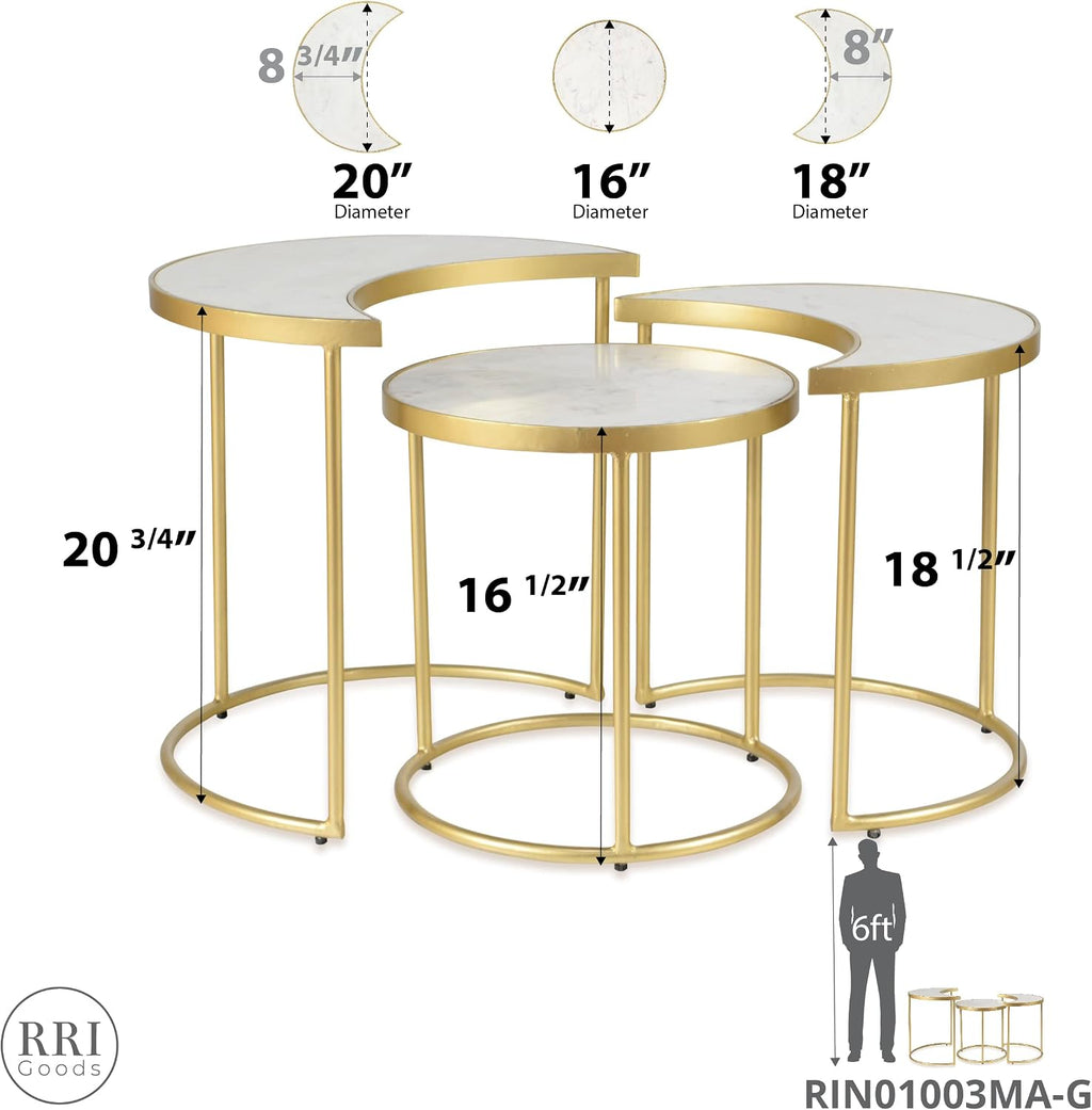 Modern White Marble & Gold Nesting Tables Set of 3 | Round Stacking Coffee Table | Accent Side Tables for Living Room, Home Office, Nightstands for Bedroom