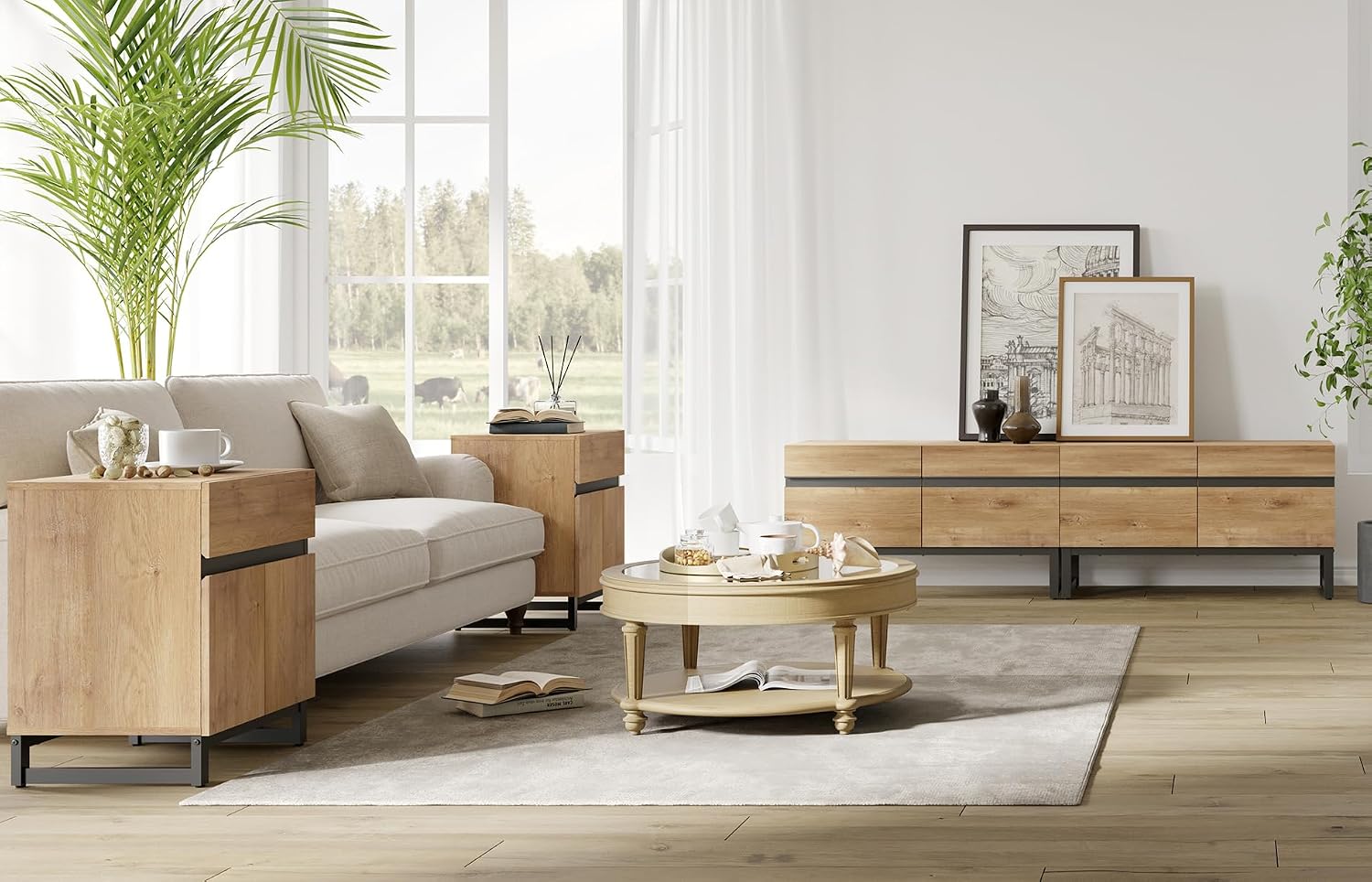 WAMPAT TV Stand and End Table Set of 3, Modern Living Room Table Sets, 70 Inch TV Stand and 2 End Tables with Drawers, Oak