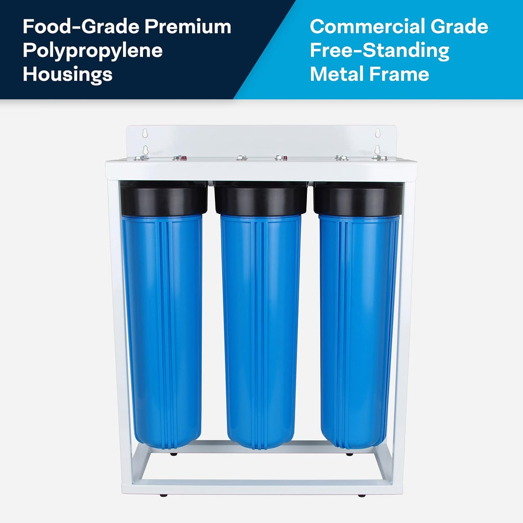 SpiroPure 3-Stage Water Filter #20 BB Filter Housings with Filter Stand, Three-Stage 20x4.5 Water Filter Housing and Freestanding Metal Frame, Triple Filter Housing