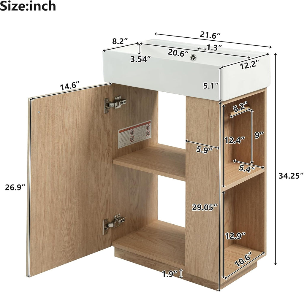 21.6' Modern Bathroom Vanity with Ceramic Sink - Freestanding Wood Grain Cabinet (MDF) with Left Door, Perfect Open/Closed Storage for Small Bathrooms!