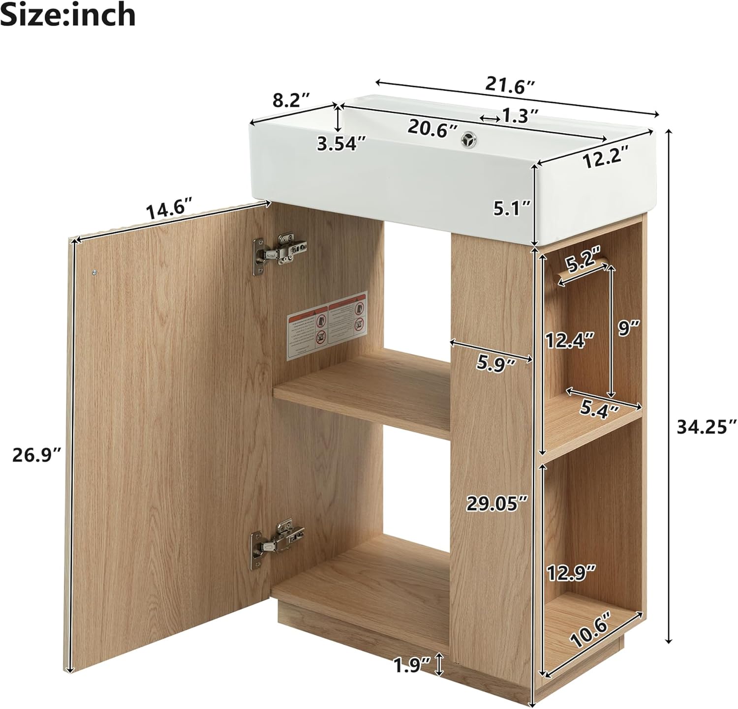 21.6' Modern Bathroom Vanity with Ceramic Sink - Freestanding Wood Grain Cabinet (MDF) with Left Door, Perfect Open/Closed Storage for Small Bathrooms!