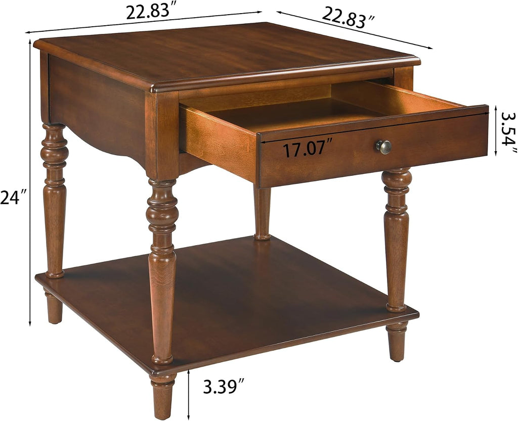 Living Room Table Set-One Rectangular Coffee Table and Two Square End Tables with Storage Drawer, Elegant Vintage Sofa Center Table with Wood Carved legs, No-Tools Assembly, Caramel Brown KFZ-CJZ-C008