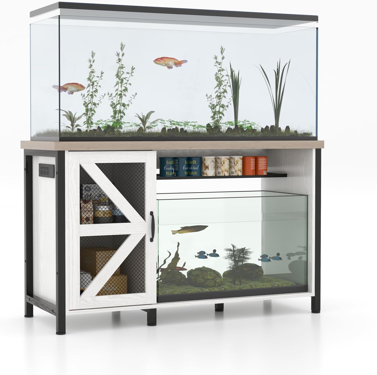 OC Orange-Casual 55-75 Gallon Aquarium Stand with LED Lighting & Power Outlets - Heavy Duty Metal Fish Tank Cabinet with Adjustable Shelves, 1000LB Capacity (White)