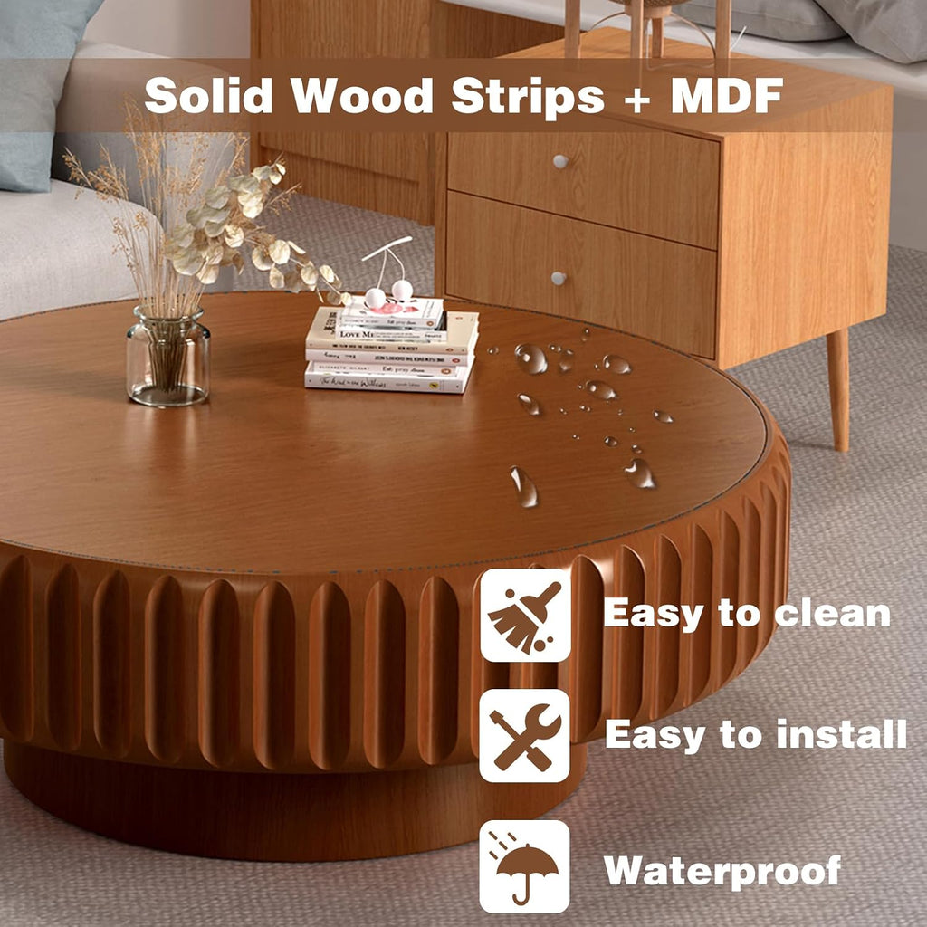 Round Drum Coffee Table White Fluted Coffee Table Circle Center Table Pedestal End Table for Apartment (31.5in)