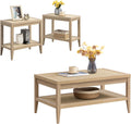 SICOTAS Rattan Coffee Table Set, 3-Piece Farmhouse End Table Set with Rectangle Center Coffee Table & 2 Accent Sofa Side Tables for Living Room, Light Oak