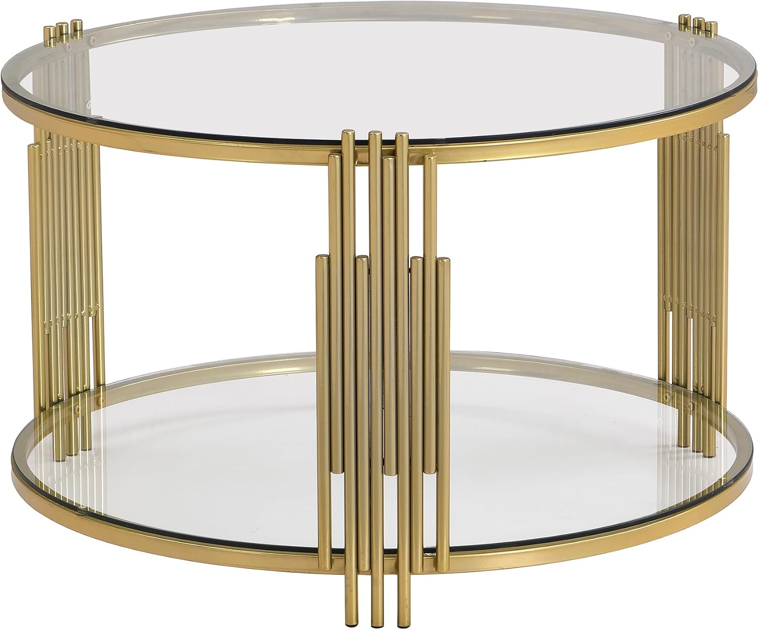 31.5'' Tempered Glass Round Coffee Table for Living Room, 2-Tier Modern Circle Coffee Table, Transparent Mirror Tabletop & Metal Drum Base, Easy Assembly, Transparent & Gold