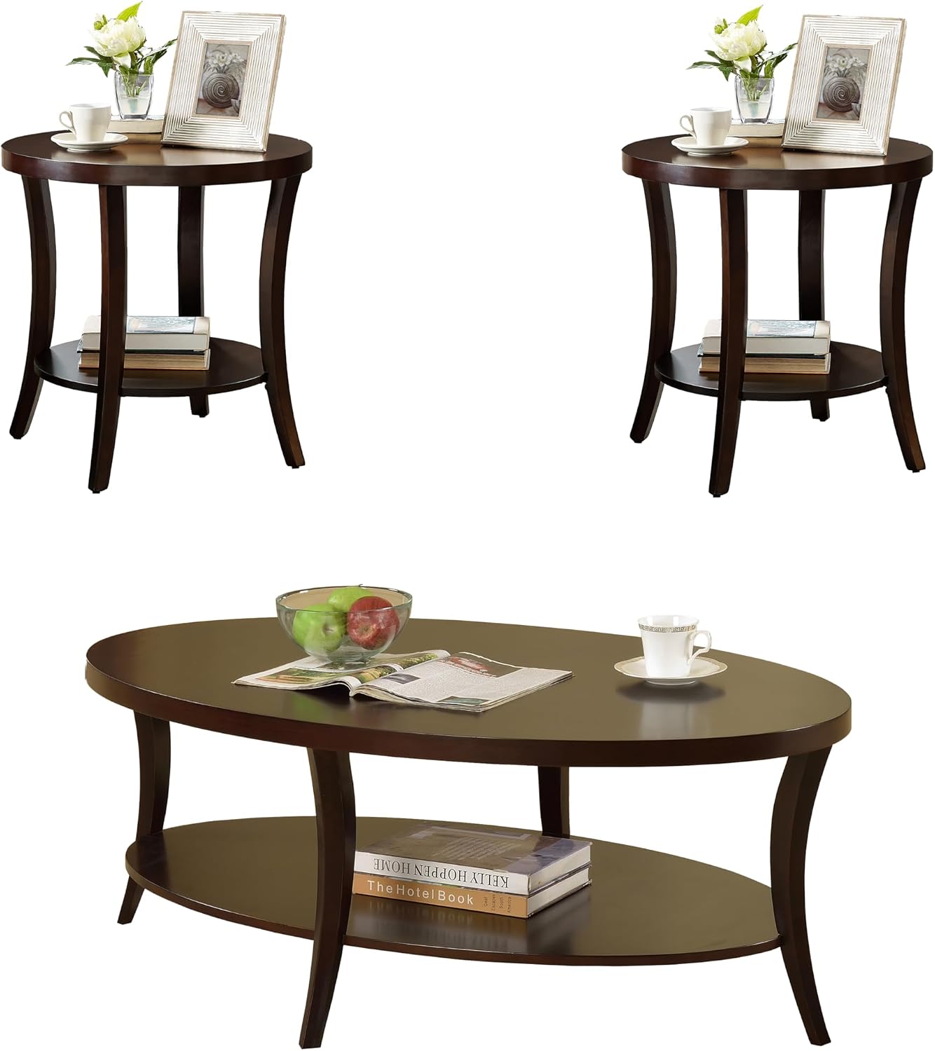 3-Piece Living Room Table Set, Coffee Table& Two End Tables, Side Table with Wood Storage Shelf for Living Room, Bedroom (Walnut, 48' L x 30' W x 18.25' H)