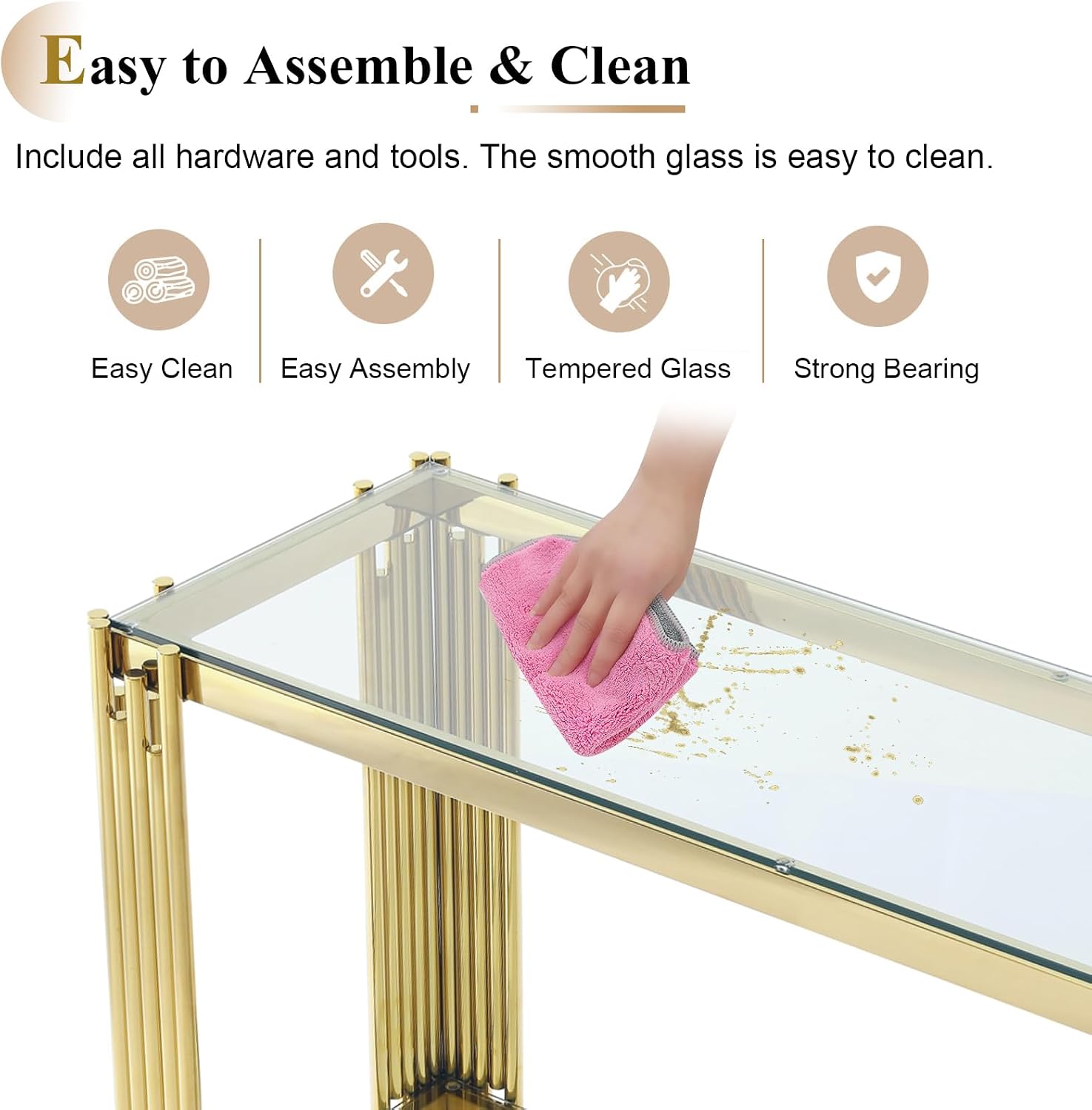 Modern Gold Glass Console Table, Luxury 55' Rectangular Sofa Table with Stainless Steel Frame, 2-Tier Console Entryway Table with Storage for Living Room Entrance Hallway