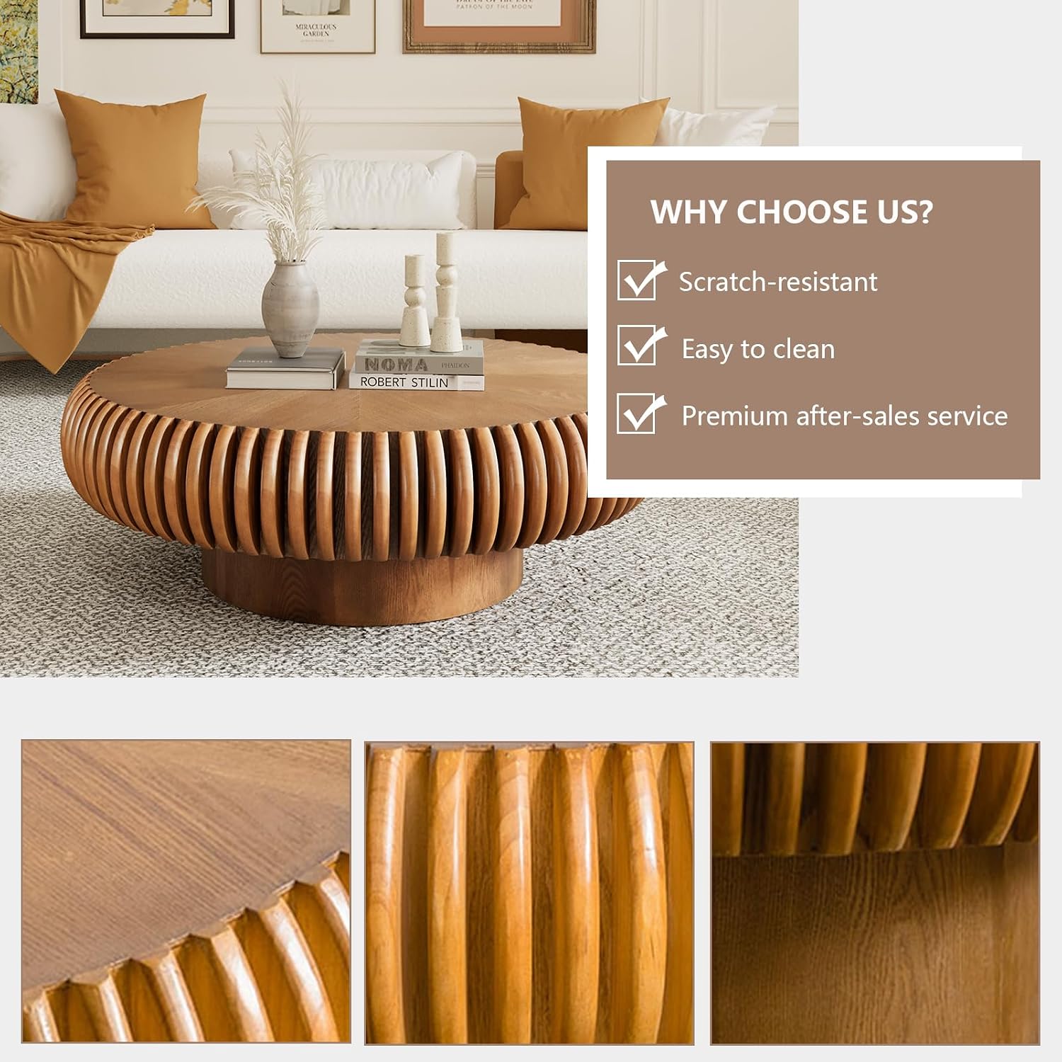 Round Drum Coffee Table Modern Coffee Tables Fluted Coffee Table Circle Center Table Pedestal End Table for Living Room Bedroom(Brown 31.5in)