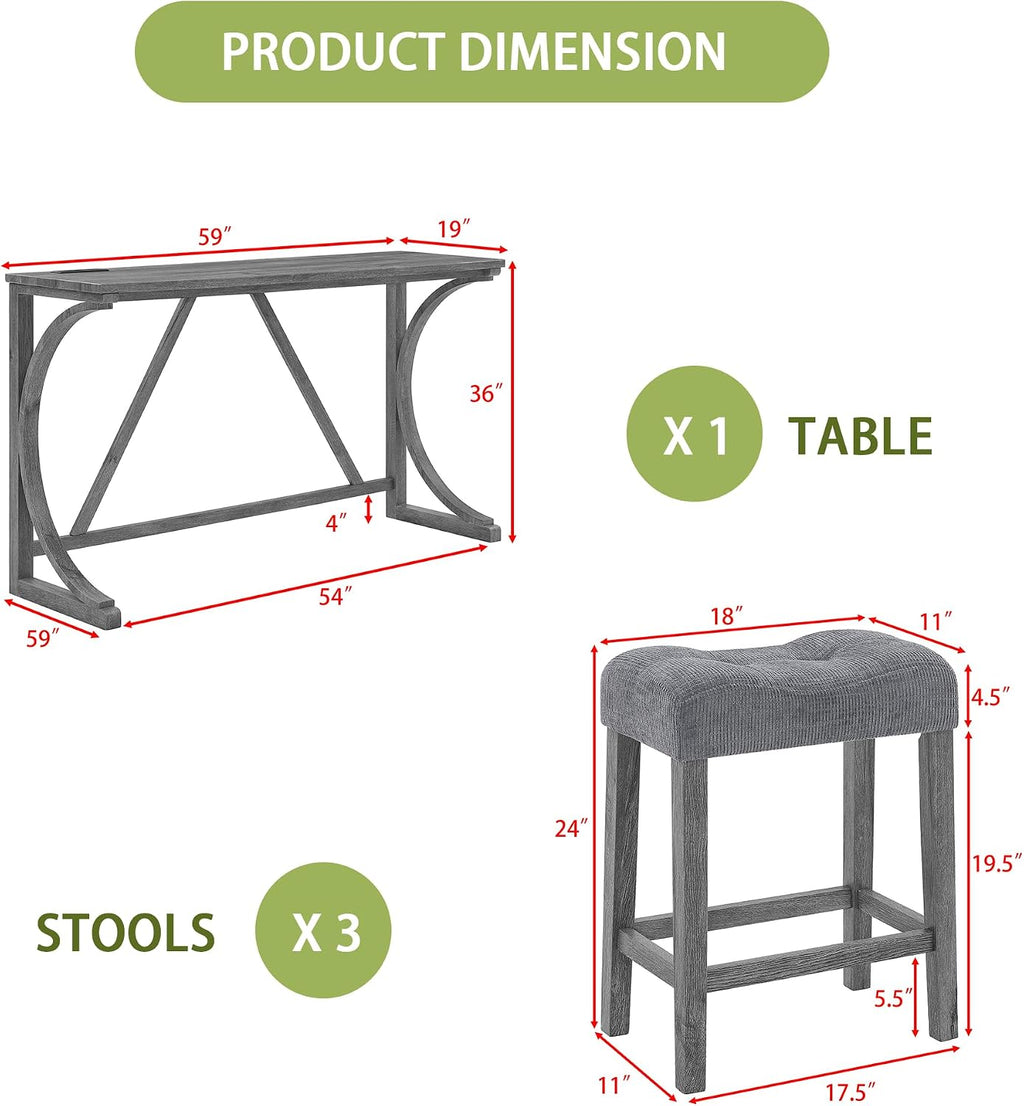 Merax 59 Inch Industrial Bar Table Set with Power Outlet, 3 Linen Upholstered Stools, Counter Height Table Set with 24 Inch Seat Height Stools for Kitchen, Living Room,Grey+Gray