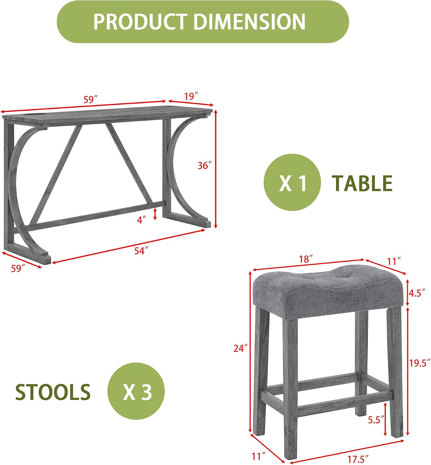 Merax 59 Inch Industrial Bar Table Set with Power Outlet, 3 Linen Upholstered Stools, Counter Height Table Set with 24 Inch Seat Height Stools for Kitchen, Living Room,Grey+Gray