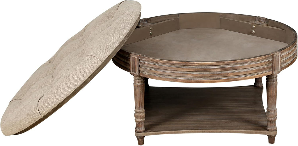 31.49'' Round Coffee Table with Storage Space, 2-Tier Modern Wood Circle Coffee Table for Living Room, Moveable Table Top & Easy Assembly & Waterproof Upholstered Linen, Khaki & Wood